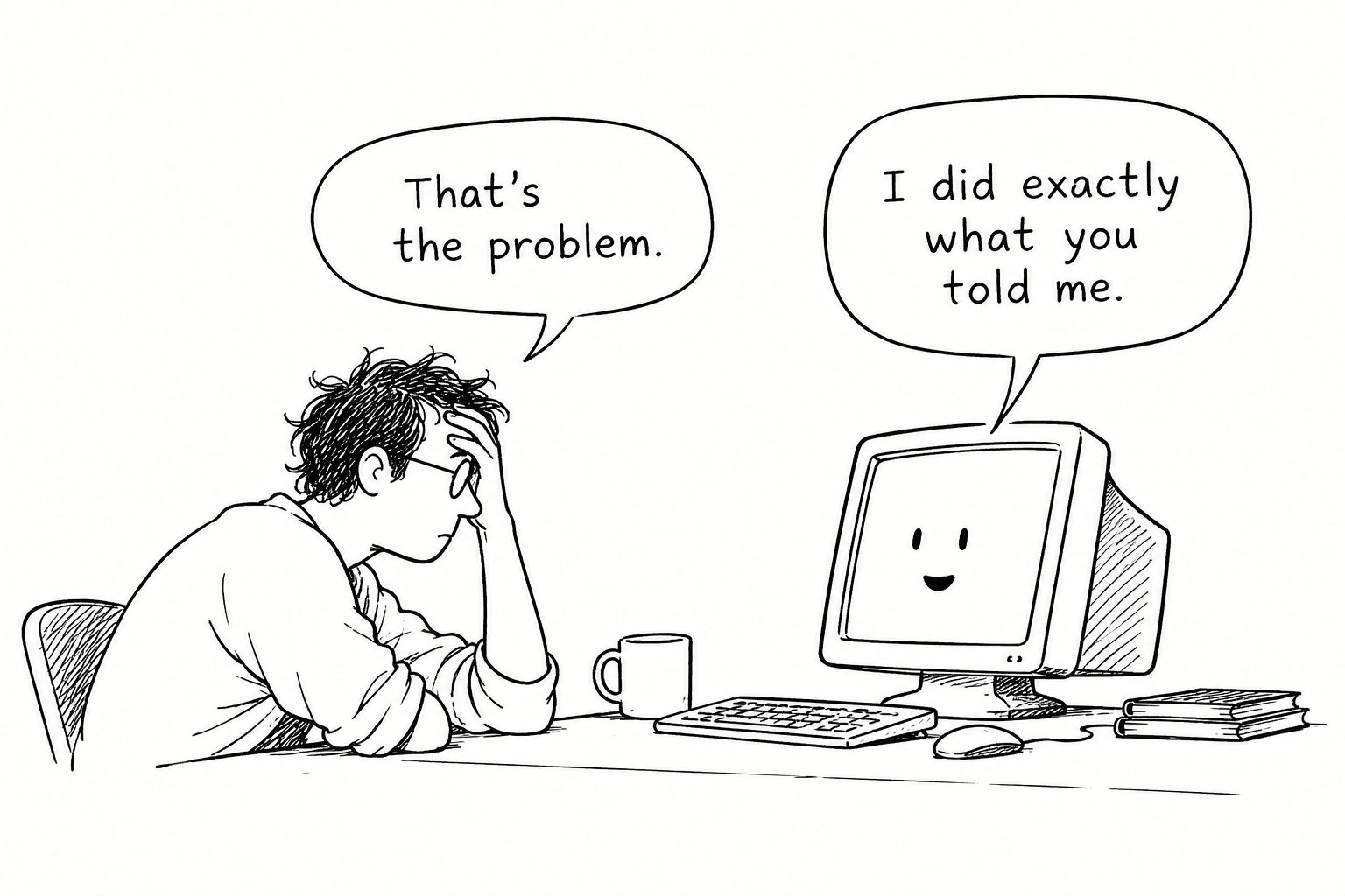 Black-and-white cartoon of a person at a computer reflecting on a problem